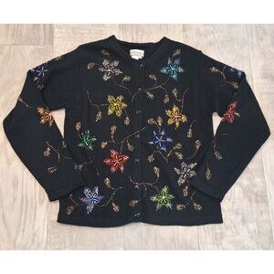 Vintage Coldwater Creek 90's Beaded Sequin Cottage Floral Knit Cardigan Size M